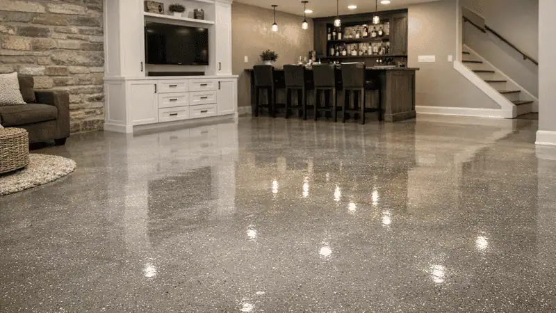 Finished coated concrete floor with clean low-maintenance surface