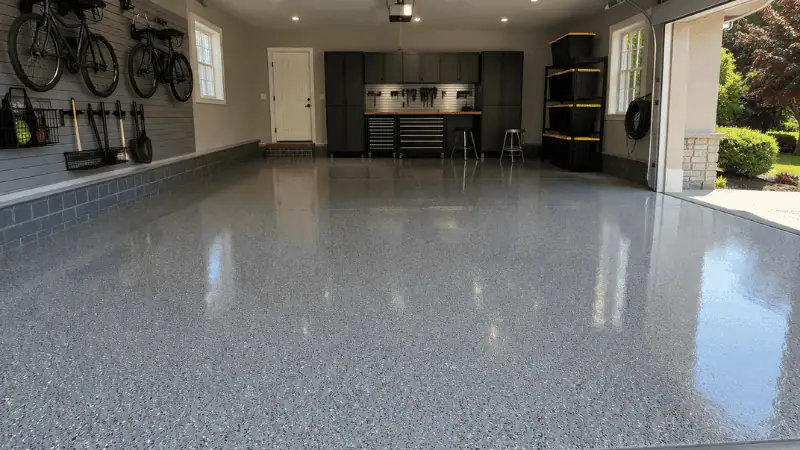 Wide garage interior with finished concrete floor coating