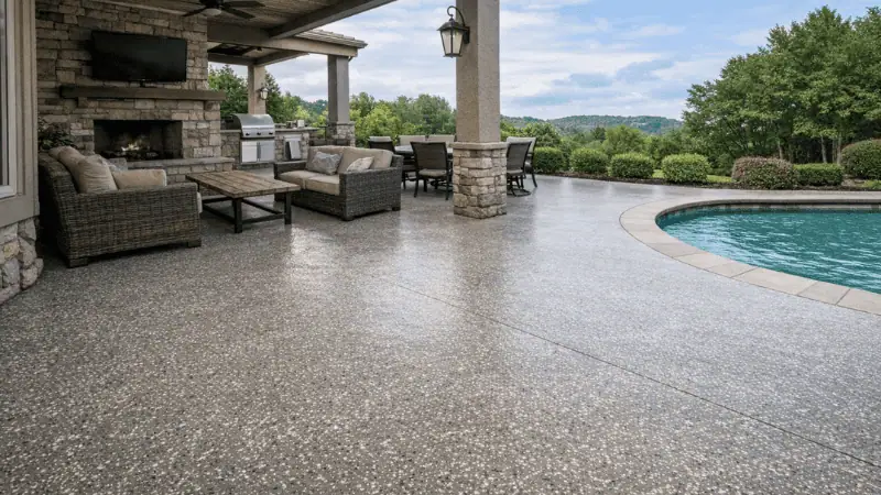 Finished outdoor patio space with coated concrete surface