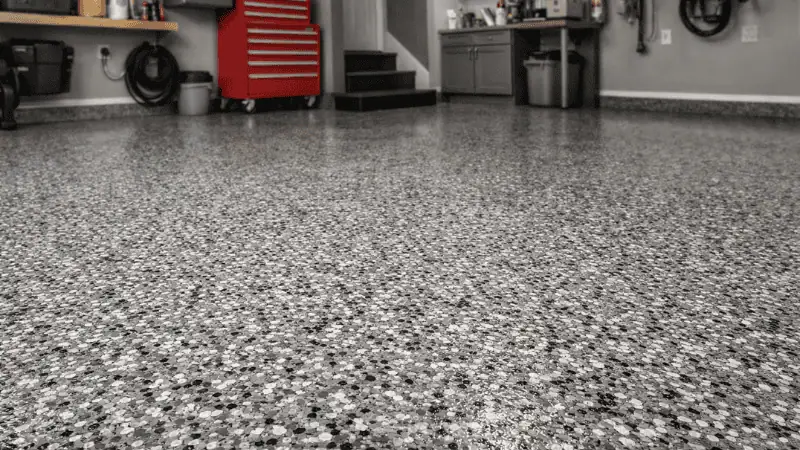 Durable garage floor coating with a decorative flake finish