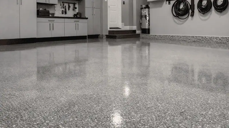 Garage floor coating in a bright, finished residential garage