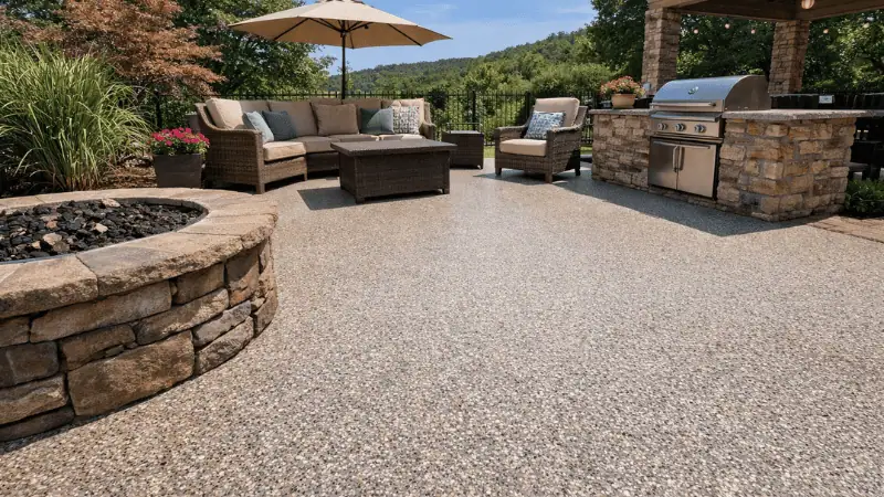 Finished patio coating surface with clean decorative concrete finish