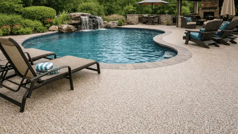 Pool deck coating with upgraded textured concrete finish